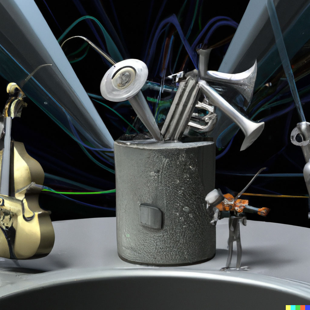 DALL·E prompt: a trumpet, a tuba and a violin going into a meat grinder, with data ones and zeros coming out, digital art